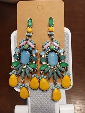 Colorful Statement Drop Earrings — Yellow, Turquoise & Green